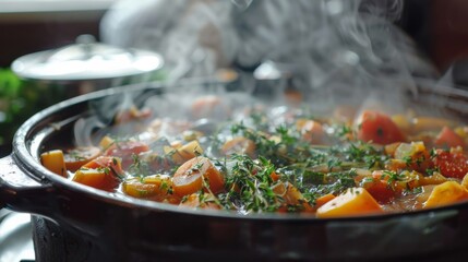 A close-up of a steaming pot of vegetable stew, the steam carrying the aroma of herbs and spices, inviting a sense of warmth and nourishment.