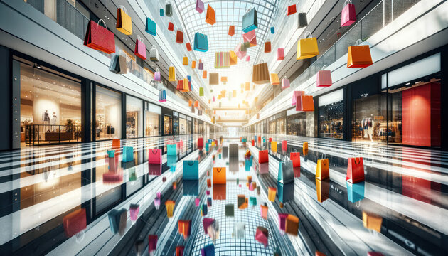 modern and bustling shopping mall with a creative display of floating colorful shopping bags in the atrium, aligned shopping bags on the floor refleyyccyy-hq-scale-4_00x.jpg