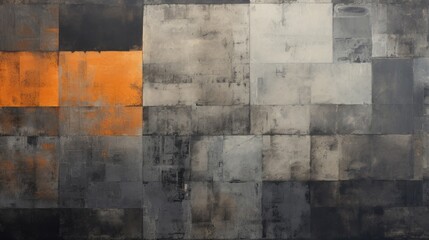 abstract painting featuring orange and black squares, in the style of dark indigo and gray, abstract whispers, white and bronze, abstract expressionist ink