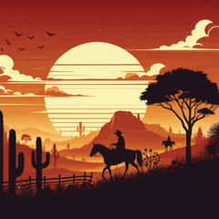 Fototapeta na wymiar free vector West sunset silhouette landscape with cowboy on horse