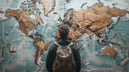 A person standing in front of a world map with strings connecting different countries and languages highlighting the role of translation in building bridges between cultures. .