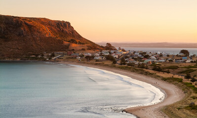 Landscape views of The Nut next to the township of Stanley in north western Tasmania, Australia at sunset