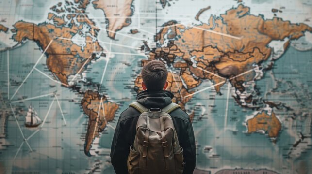 A person standing in front of a world map with strings connecting different countries and languages highlighting the role of translation in building bridges between cultures. .