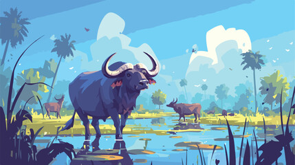 Water buffalos in south of Thailand swamps .. 2d flat - obrazy, fototapety, plakaty