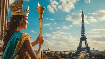 Woman dressed as a Roman soldier with the Olympic torch with the Eiffel Tower in the background. Paris Olympic Games concept