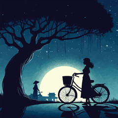 Lonely girl with bike standing near tree feeling sad