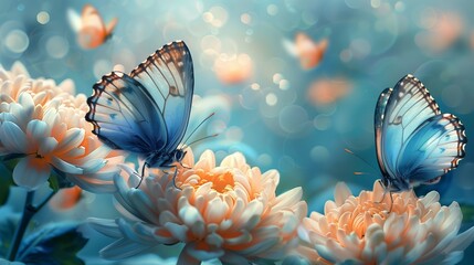 Fototapeta na wymiar Ethereal Blue Butterflies on Peach Chrysanthemums