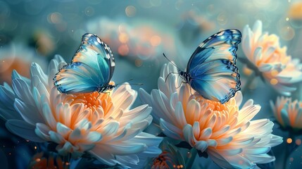 Fototapeta na wymiar Iridescent Blue Butterflies on Chrysanthemums at Dusk