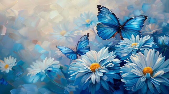 Sapphire Butterflies on Soft Blue Daisy Blooms