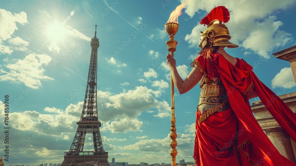 Wall mural Woman dressed as a Roman soldier holding the Olympic torch with the Eiffel Tower in the background. olympic games concept