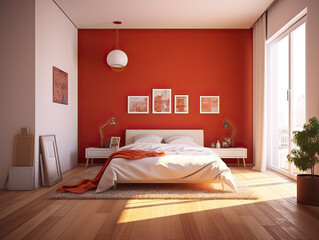 Fototapeta na wymiar Minimal bedroom interior with Home decoration mock up. Cozy coastal stylish, furniture, comfortable bed, Modern design background. Generative AI.