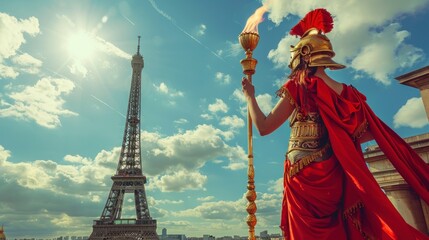 Woman dressed as a Roman soldier holding the Olympic torch with the Eiffel Tower in the background. olympic games concept