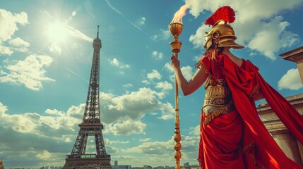 Obraz premium Woman dressed as a Roman soldier holding the Olympic torch with the Eiffel Tower in the background. olympic games concept
