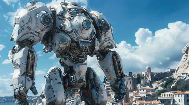 A creative depiction of the Colossus of Rhodes as a giant robot