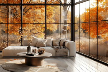 Farmhouse interior design of modern living room round coffee table near white sofa with pillows near big window, home. Autumn view outdoor