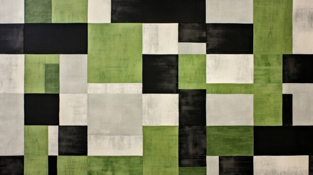 abstract area rug with green, black and white squares, in the style of color-blocked shapes, allover composition, imitated material