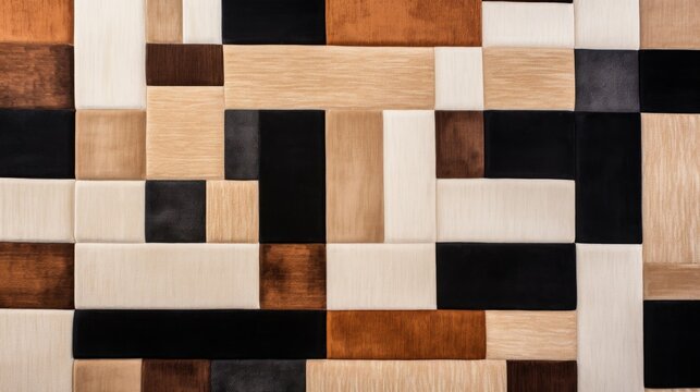abstract area rug with brown, black and white squares, in the style of color-blocked shapes, allover composition