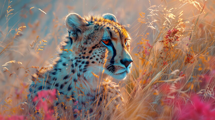 The digital brushstrokes capture the intensity of a cheetah's gaze as it stalks through the tall...