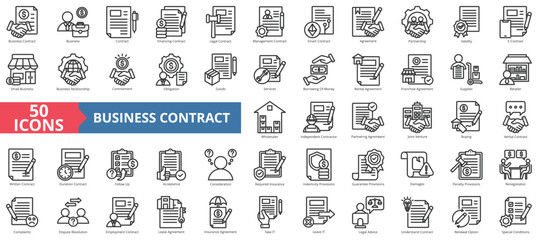 Business contract icon collection set. Containing financing, legal, management, smart, agreement, partnership, validity icon. Simple line vector. - obrazy, fototapety, plakaty
