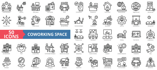 Obraz na płótnie Canvas Coworking space icon collection set. Containing workers, cost savings, share, convenience, receptionist, home office, remote icon. Simple line vector.