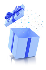 3D blue gift box that pops open to reveal confetti falling from inside