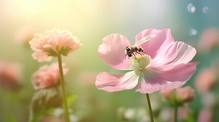 Bee Pollinating a Cosmos Flower - obrazy, fototapety, plakaty