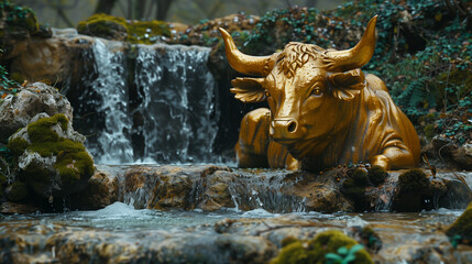 Beneath a cascading waterfall, a golden bull sculpture is nestled among moss-covered rocks, blending seamlessly with its natural surroundings-3