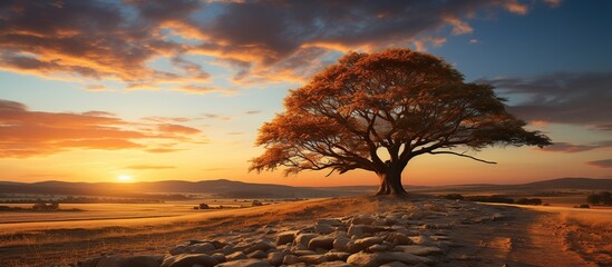 Lonely tree in the desert at sunset. - obrazy, fototapety, plakaty