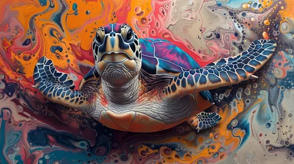 Cercles muraux Denali An intricately adorned turtle, its shell a canvas of swirling paint splashes, against a vibrant backdrop of kaleidoscopic hues-3