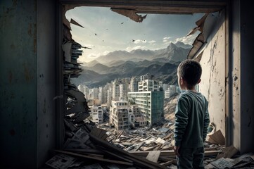Boy looking through the window of a ruined building. The concept of demolition.
