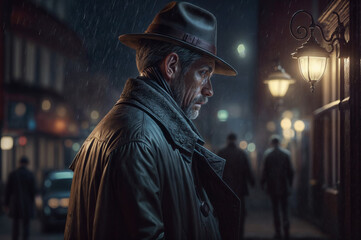 Aged man in a hat and coat on the street at night