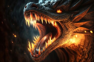 Fantasy dragon head with sharp teeth. illustration. Fantasy background.
