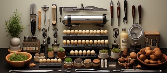Coffee shop. Coffee machine, coffee grinder, macaroons, coffee beans, fruits and vegetables. Pasta Making at Home - obrazy, fototapety, plakaty