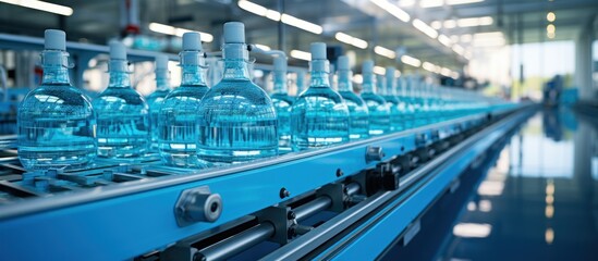 Bottles of water on the conveyor belt in a modern factory - obrazy, fototapety, plakaty