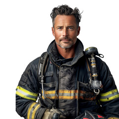 Portrait of a brave firefighter in full gear on transparent background
