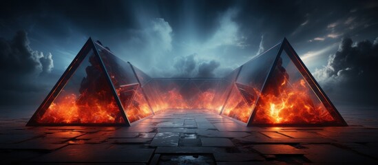 Futuristic spaceship with fire and smoke. Mysterious Triangular Portals with Lava
