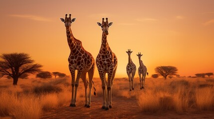 Fototapeta na wymiar Giraffes in savanna at sunset,