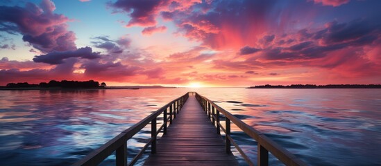 Fototapeta premium Wooden pier at beautiful sunset over the sea. Panorama.