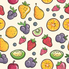 Cute fruit saga, pastel dreamscape, seamless pattern, vector enchantment