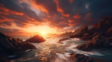 Beautiful sunset over the sea. Panoramic view of the rocky coastline. Sunset Blaze - obrazy, fototapety, plakaty