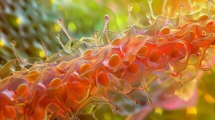 A magnified view of a plant stem cell wall displaying the specialized plasmodesmata structures that aid in cell communication and