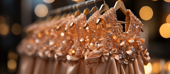 Wedding dresses on hangers in store, closeup view
