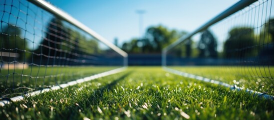 Soccer net on the green grass of a soccer field. The net is in focus - obrazy, fototapety, plakaty