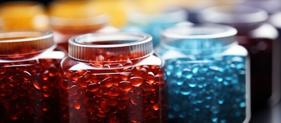 Close-up of colorful capsules in glass bottles on black background. - obrazy, fototapety, plakaty