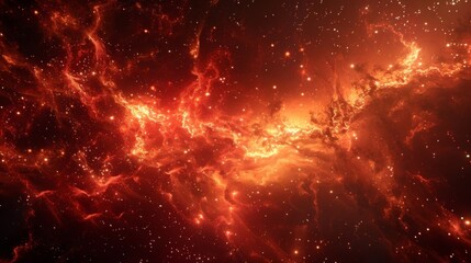 The galaxy comes alive with bursts of fiery red and golden explosions in a sea of nebulae and cosmic dust.