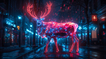 A majestic markhor illuminated by vibrant neon lights, standing proudly amidst an urban jungle at night-1