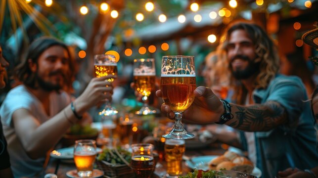 Group of multi ethnic friends having backyard dinner party together - Diverse young people sitting at bar table toasting beer glasses in brewery pub garden