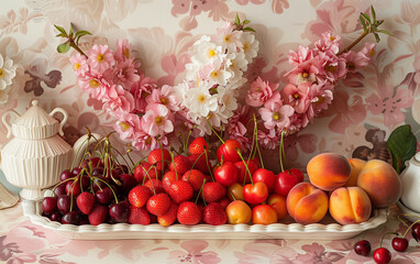 Spring's Bounty: Lush Still Life with Cherry Blossoms and a Rich Medley of Cherries and Peaches