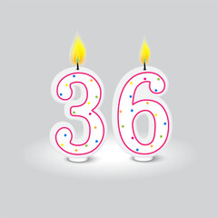 Number 36 birthday candles. Confetti dotted design. Festive celebration detail. Vector illustration. EPS 10.