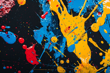 Colorful paint splatter background, mix of red, yellow, and blue colors, creating a vibrant and...